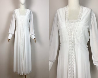 Vintage 70s White Night Gown And Robe Set Lace Embroidery Nightdress Peignoir