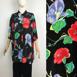 Camicia estiva in viscosa con camicetta floreale nera vintage SISIGNORA, taglia XL