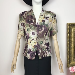 Vintage 90s Floral Sheer Blouse Chiffon Top 1990s Retro Blouse V-Neck Short Sleeve Buttoned