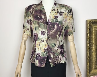 Vintage 90s Floral Sheer Blouse Chiffon Top 1990s Retro Blouse V-Neck Short Sleeve Buttoned