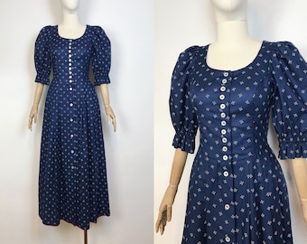 Vintage WENGER Austrian Dress Puff Sleeve Blue Dirndl Bavarian Trachten Dress