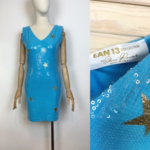 Blue Sequined Dress with Golden Stars Designer Party Cocktail Dress Ean 13