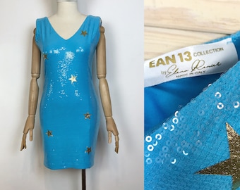 Blue Sequined Dress with Golden Stars Designer Party Cocktail Dress Ean 13