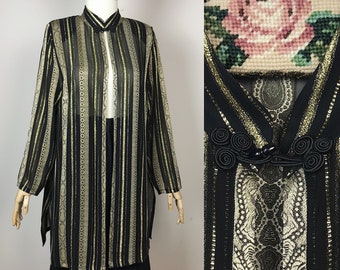 Vintage 90s Evening Shimmer Chiffon Long Jacket Golden Lurex Light Cardigan Hermann Lange Metallized Fibre Blouse Gown
