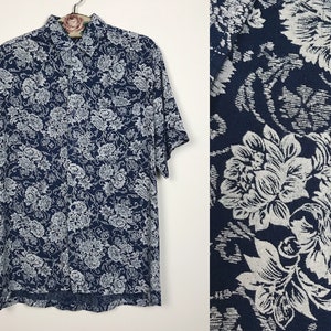 Vintage Mens Summer Shirt 80s Short Sleeve Patterned Floral Viscose Shirt Button Down Shirt 90s Hippie