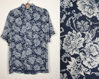 Vintage Floral Viscose Shirt, 80s Mens Short Sleeve Button Down