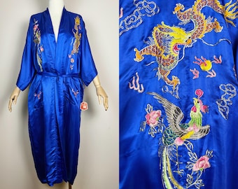 Vintage Chinese Blue Silk Embroidered Robe  Kimono 70s Golden Dragon Phoenix Hand Embroidery