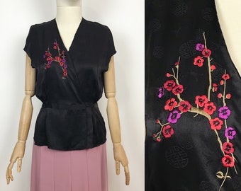 Black Embroidered Silk Blouse Chinese Asian Style Pyjama Top La Senza