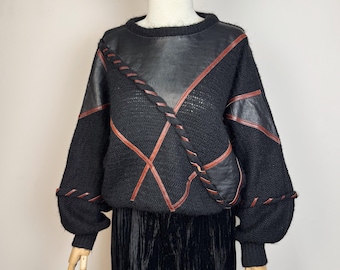 Vintage 80s Linea H Black Kid Mohair Blend Sweater Leather Applique Knitted Jumper