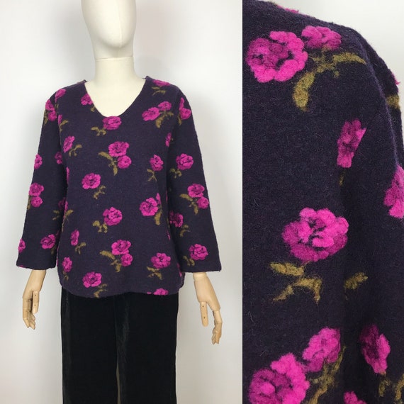 Vintage Wool Jumper Floral Navy Pink Sweater