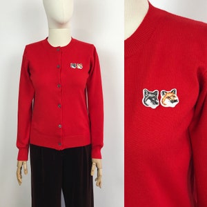 MAISON KITSUNE Designer Red Wool Button Down Cardigan Fox Patch