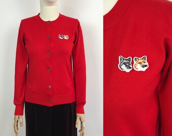 MAISON KITSUNE Designer Red Wool Button Down Cardigan Fox Patch
