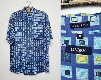 Vintage GARRY Mens Blue Printed Silk Summer Shirt Short Sleeve