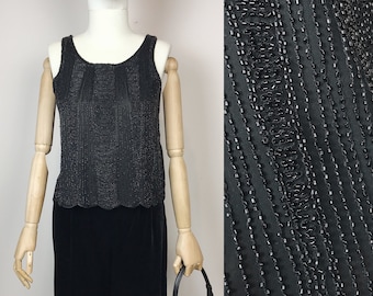Vintage Black Beaded Blouse Sheer Embroidered Top With Beads Evening Chiffon Tank Top