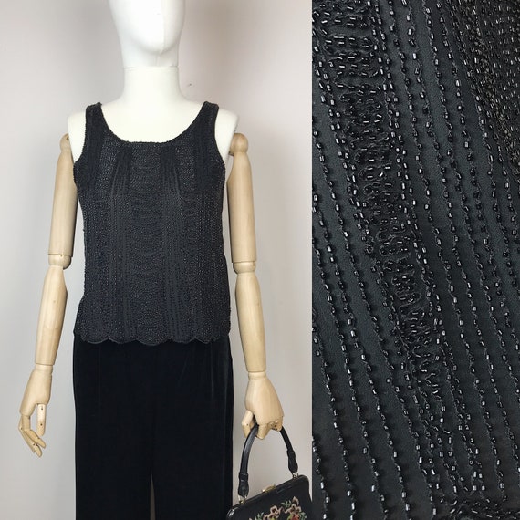 Vintage Black Beaded Blouse Sheer Embroidered Top With Beads