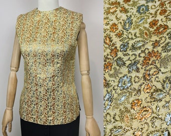 Vintage Lurex Jacquard Blouse Floral Golden Blouse Lurex Designer Top Metallic Fiber