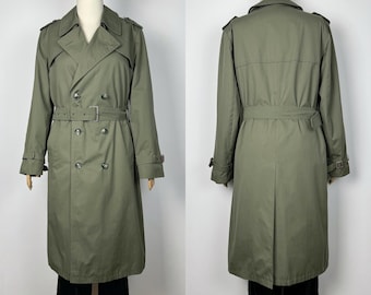 Vintage Warm Green Khaki Trench Coat with Removable Faux Fur Lining Double Breasted