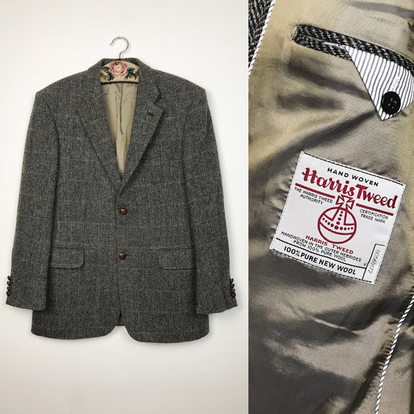 Vintage HARRIS TWEED Gray Wool Blazer Herringbone Tweed Jacket Digel