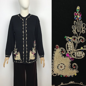 Vintage Black Lambswoll Angora Embroidered Cardigan