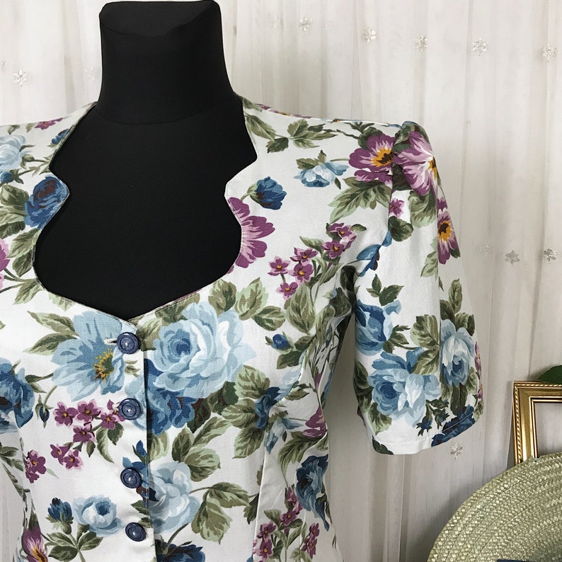 Vintage Womens Floral Cotton Blouse Top Flower Print Made in Etsy