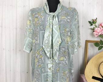 Vintage 80s Blouse Sea Shell Printed Top HARDOB Chiffon Sheer Sailor Blouse With Neck Tie Summer Top
