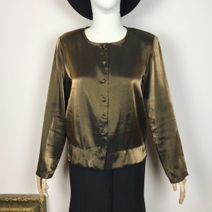 Vintage Bronze Gold Blouse Shimmer Shirt Liquid Metal Blouse Button Down 90s Blouse