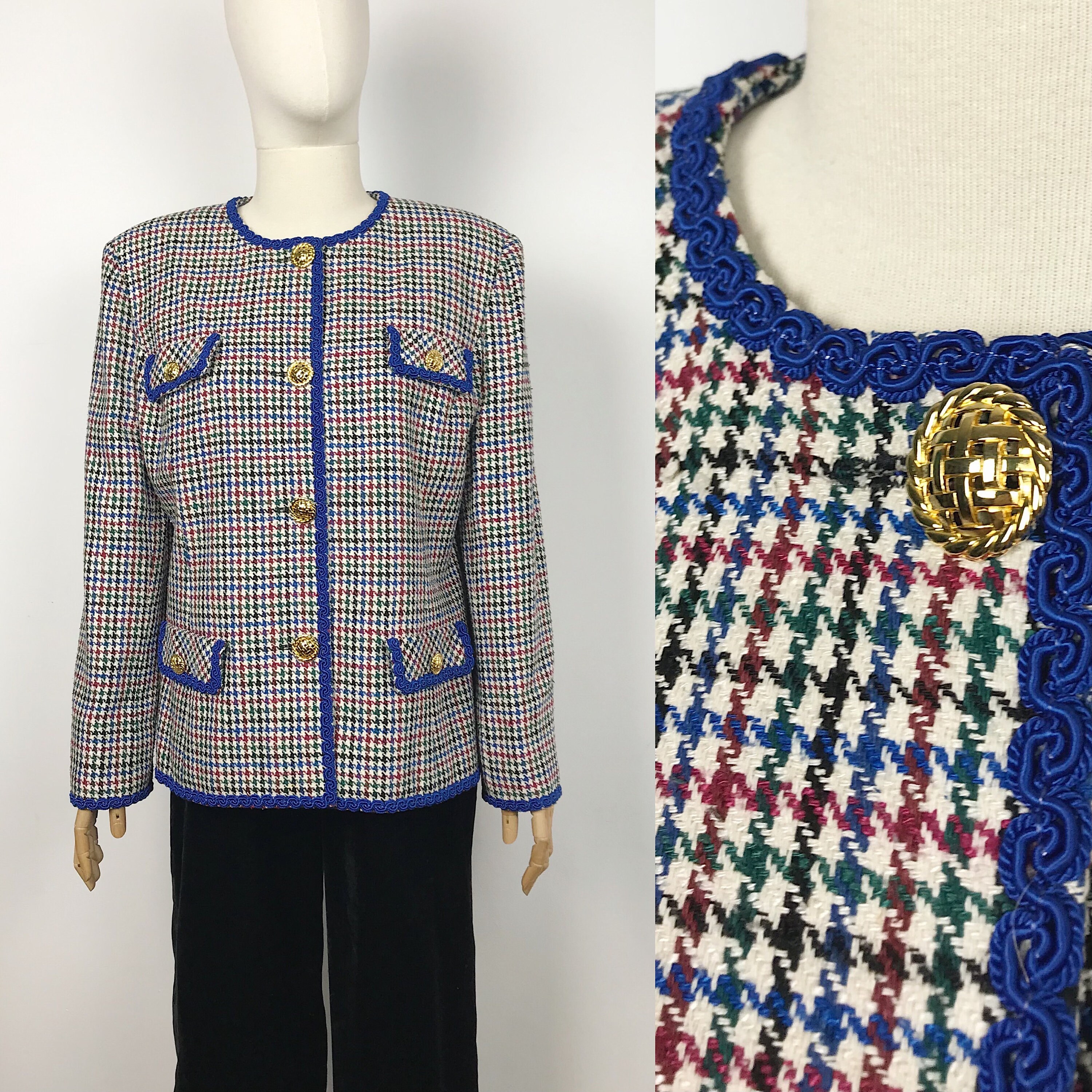 Vintage Houndstooth Tweed Jacket Elegant Jacket Golden Buttons Size L