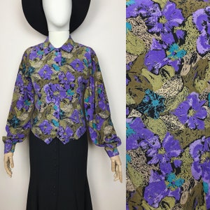Vintage House Of Fraser 80s Blouse Printed Shirt Wide Sleeve Violet Floral Abstract Print 1980s