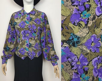 Vintage House Of Fraser 80s Blouse Printed Shirt Wide Sleeve Violet Floral Abstract Print 1980s