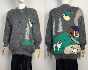 Vintage Mohair Strickjacke: Italienische Niki Line, 80er Jahre Tierszene
