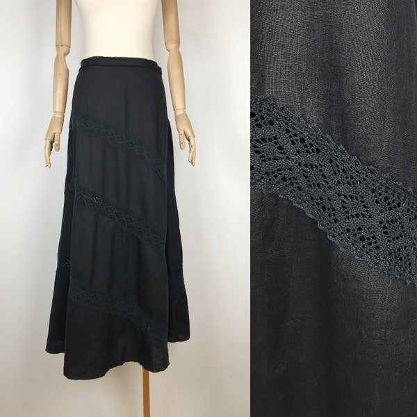 Vintage Black Linen Skirt With Lace Boho Hippie Style