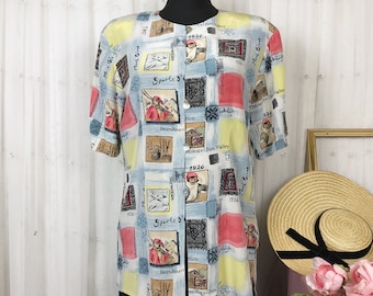 Vintage 90s Silk Blouse Printed Silk Top Skiing Winter Sports Print
