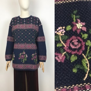 LAURA ASHLEY Embroidered Wool Sweater Knitted Floral Navy Warm Sweater