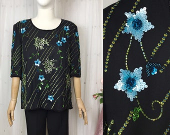 Vintage Black Silk Sequined Blouse: Floral Beaded Evening Top, XL