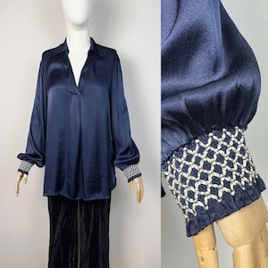 Vintage Blue Navy Satin V Neck Blouse Satin Shirt Made in Italy