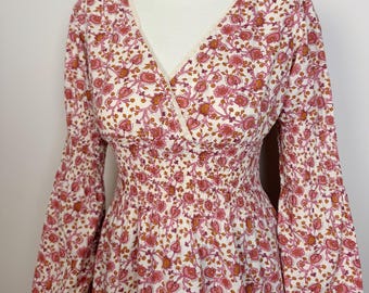 Vintage Shirred Cotton Boho Lace Blouse Cottagecore Beige Pink Bohemian Tunic