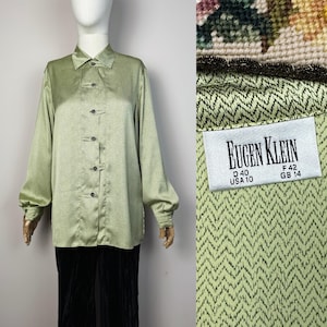 Vintage EUGEN KLEIN Green Satin Button Down Blouse Satin Shirt Sage Green