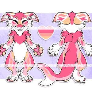 May include: A digital illustration of a pink and white anthropomorphic creature with a tail. The creature has large ears, a fluffy chest, and paws. The background is a light purple with a heart-shaped design.