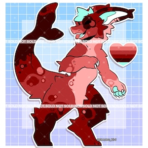 May include: A digital illustration of a red and pink anthropomorphic creature with a fin-like tail. The creature has a light blue bow and accents. A heart-shaped colour palette is on the right. The words "NOT SOLD" are repeated across the top and bottom.