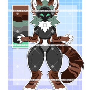 May include: A digital character illustration featuring a brown and black furred creature with a black visor, teal glowing eyes, and white chest fur. The character wears dark gray armor plating and has a long striped tail, with a color palette chart.