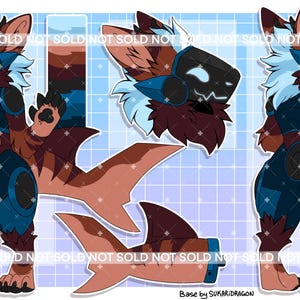 May include: Digital artwork of a stylized anthropomorphic character with a robotic head, featuring a color palette of brown, blue, and white. The character has a shark tail and is depicted in multiple poses. The background is a light blue grid.
