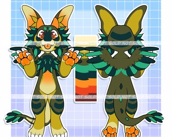 May include: Digital illustration of a cartoon creature with large ears, orange and green accents, and a long tail. The creature is shown from the front and back, with a colour palette sample in the centre. The background is a light blue grid.