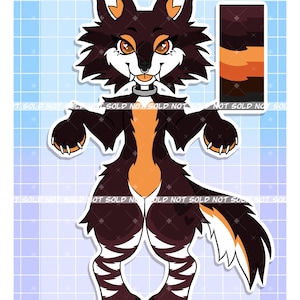 May include: A sticker featuring a cartoon fox-like character with brown and orange fur, white accents, and a collar. The character has a fluffy appearance and is set against a blue grid background. A color palette is on the right.