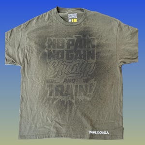 May include: Olive green t-shirt with the text "NO PAIN NO GAIN Shut Up AND TRAIN!" in a distressed, dark gray font. The shirt has a crew neck and short sleeves. The brand name "DAMNLUCKYLA" is printed in white at the bottom right.