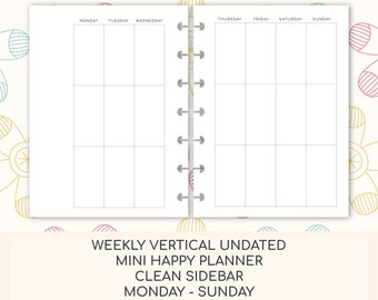Mini Happy Planner Weekly Vertical Undated Printable Inserts - Clean Sidebar - Monday Start