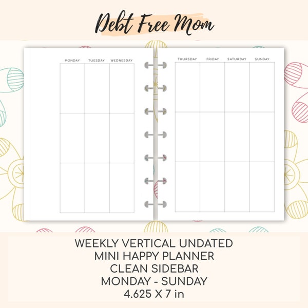 Mini Happy Planner Weekly Vertical Undated Printable Inserts - Clean Sidebar - Monday Start