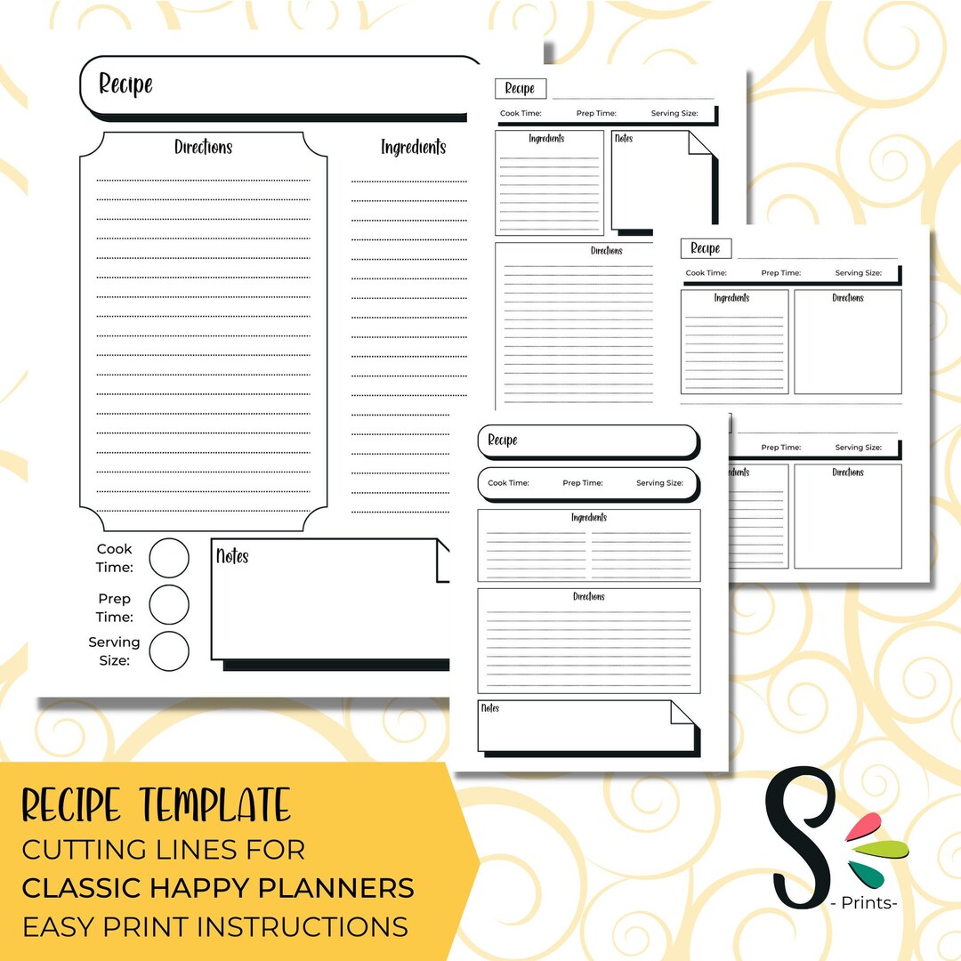 Recipe Book Printable Inserts for CLASSIC Happy Planner, Instant ...