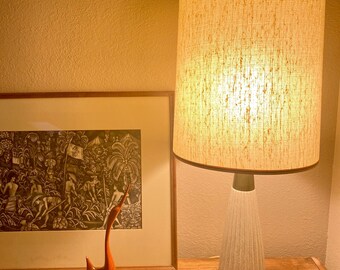 Midcentury Modern Ceramic Table Lamp: Crackle Glaze & Brass Accent