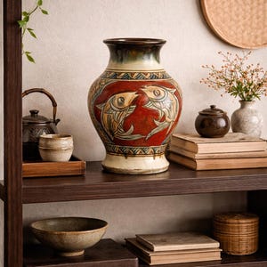 May include: A decorative ceramic vase with a red background and fish design. The vase is on a dark wooden shelf with other decorative items, including books, bowls, and a small teapot. The vase has a cream-colored base and a dark brown rim.