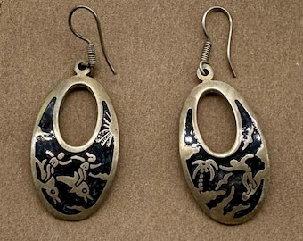 Vintage Mexico 925 sterlingzilveren oorbellen | Taxco Artisan hangoorbellen | Geëtst ontwerp